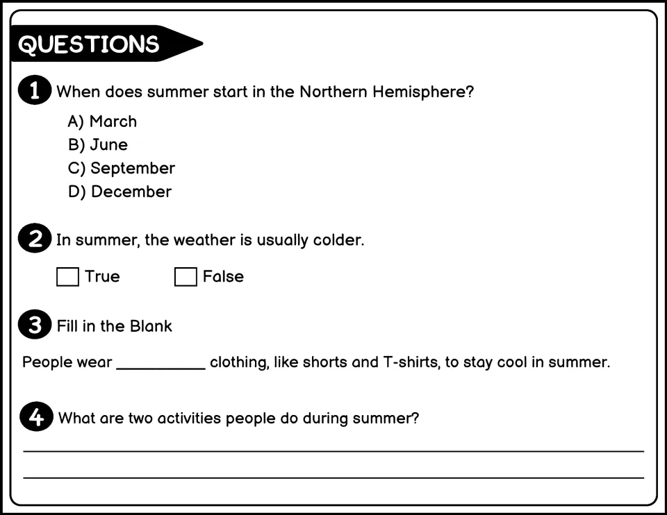 Black-and-white summer questions 1-4: when summer starts, a true-false weather item, clothing blank and two activities