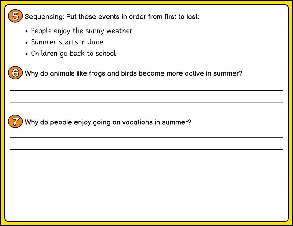 Summer questions 5-7 in color: students sequence three events, then explain why animals are active and why people travel
