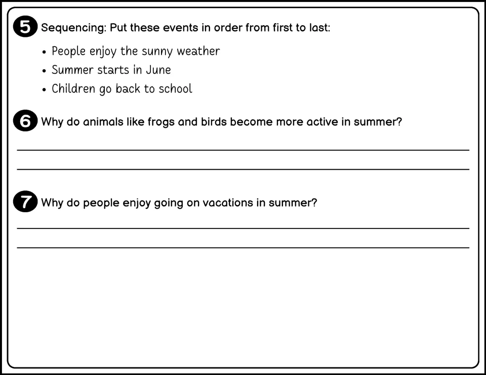 Black-and-white questions 5-7: put three summer events in order and write answers about frogs, birds and vacations