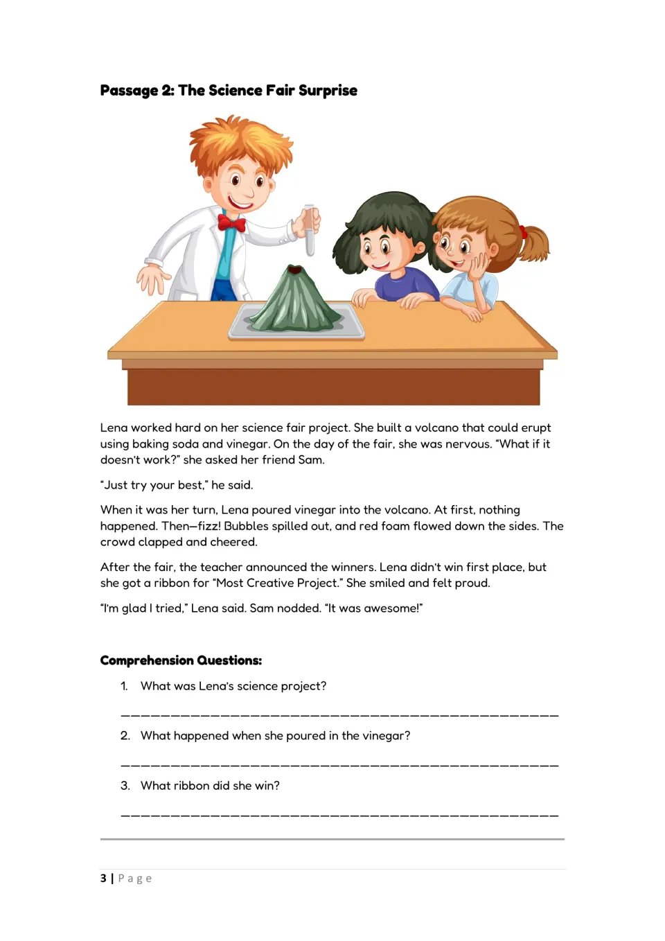 Passage 2, The Science Fair Surprise: students read about Lena's erupting volcano project and answer 3 recall questions