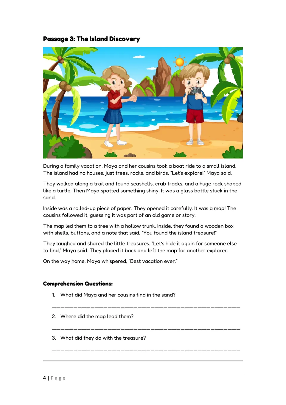 Passage 3, The Island Discovery: students read about cousins following a bottle map to treasure, then answer 3 questions