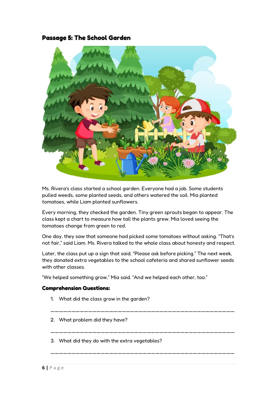 Passage 5, The School Garden: students read about a class garden and picked tomatoes, then answer 3 questions