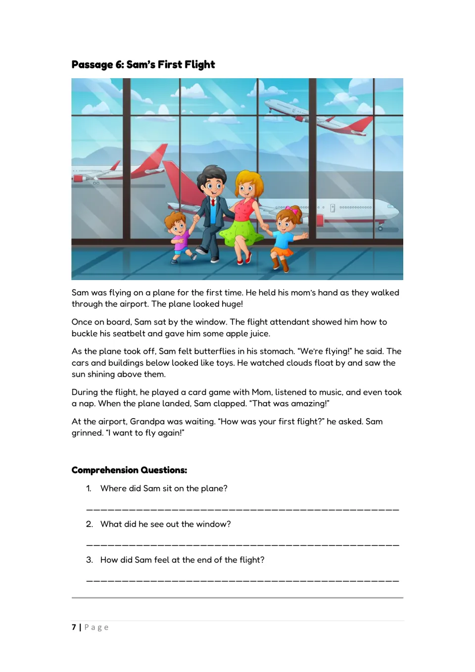 Passage 6, Sam's First Flight: students read about a boy's first plane trip and answer 3 questions on details and feelings