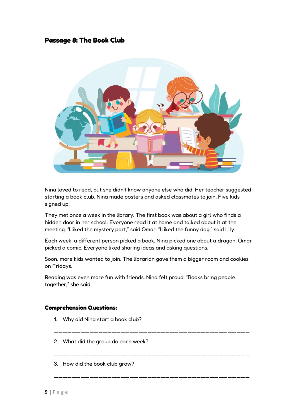Passage 8, The Book Club: students read about Nina starting a library book club and answer 3 short comprehension questions