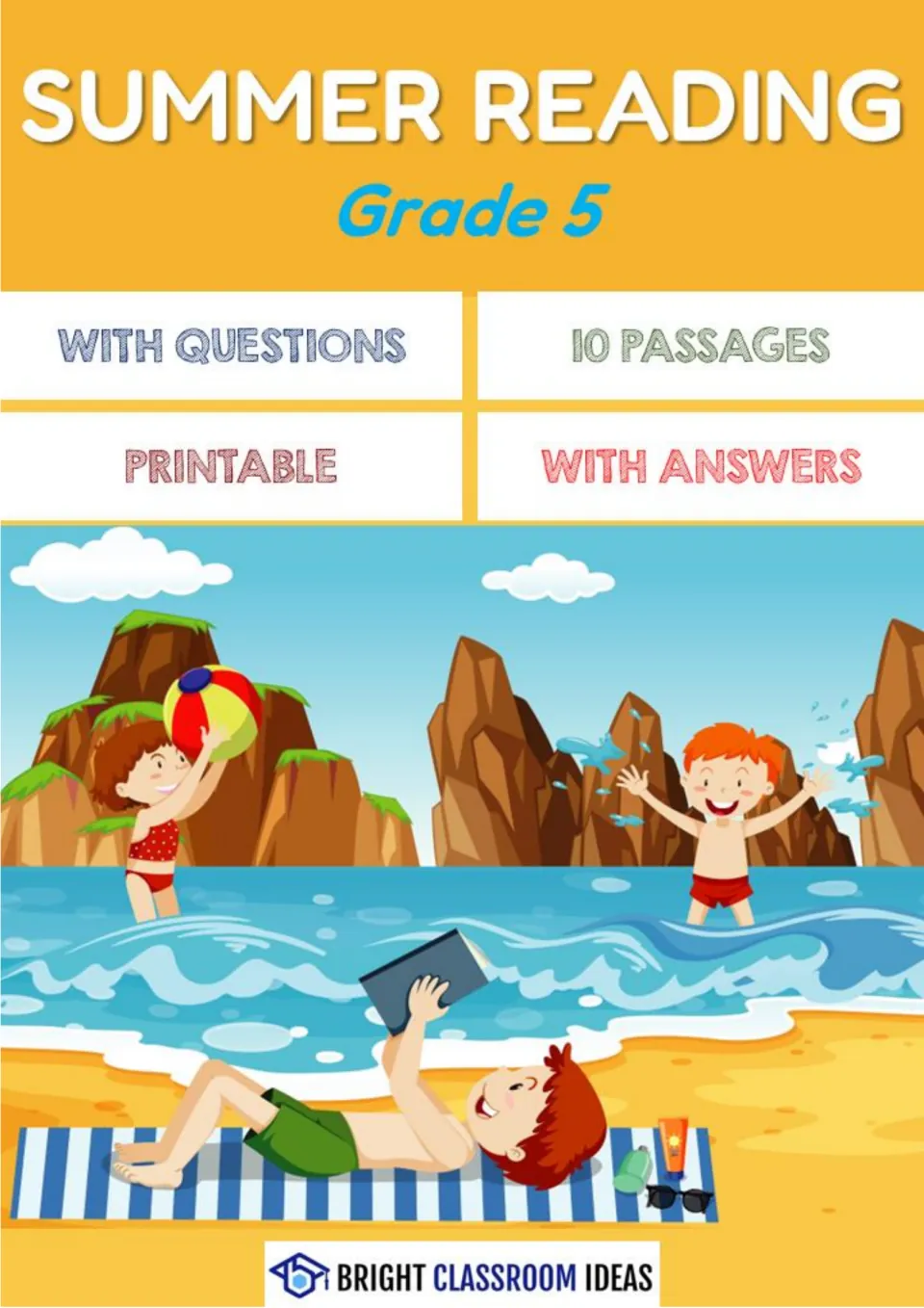 Summer Reading Grade 5 cover: 10 printable passages with questions and answers, with kids reading and playing at a beach