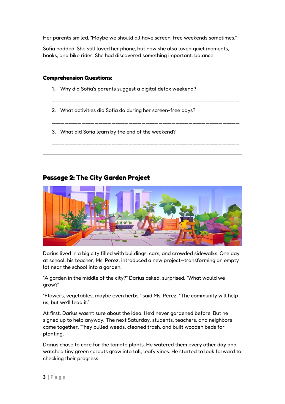 Sofia's story ends, then 3 comprehension questions about her weekend; Passage 2, The City Garden Project begins