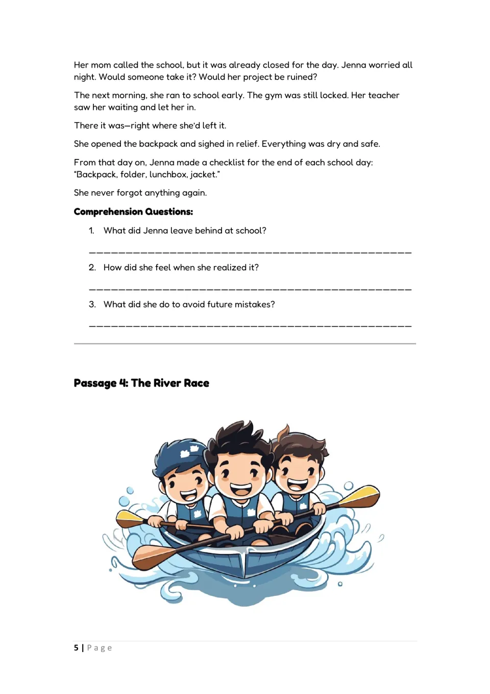 Jenna finds her backpack and makes a checklist; students answer 3 questions about it; Passage 4, The River Race starts