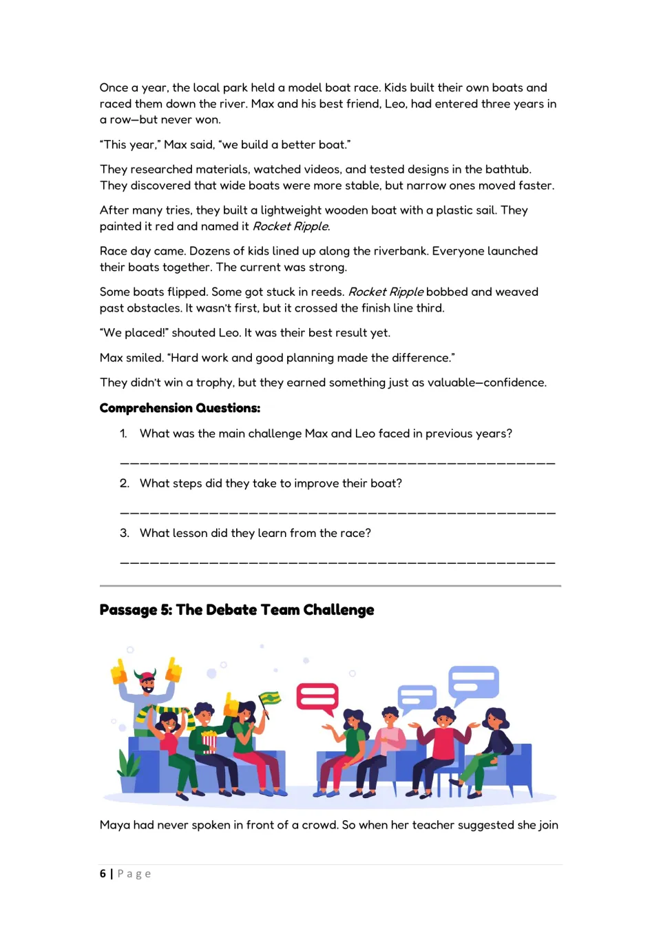 River Race: Max and Leo build a model boat and place third; 3 questions on their steps and lesson; Passage 5 begins
