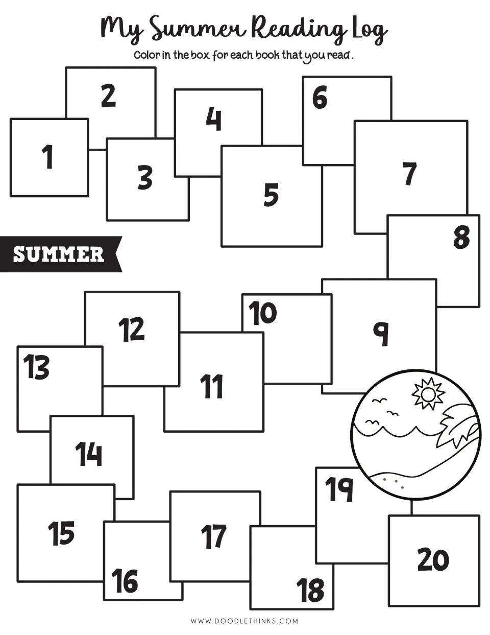 Black-and-white summer reading log numbered 1–20, with instructions to color a number for each book read.