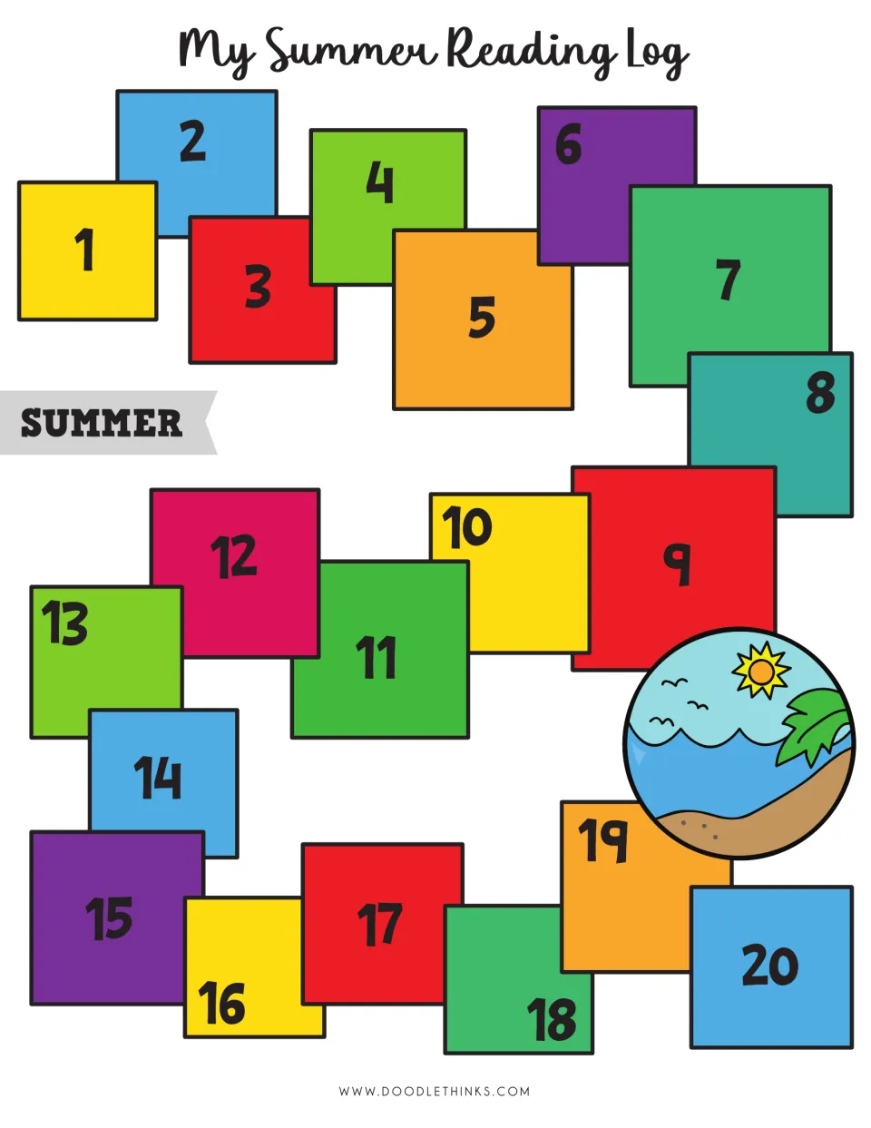 Pre-colored version of the summer book tracker: 20 rainbow numbered squares winding toward a sunny beach picture
