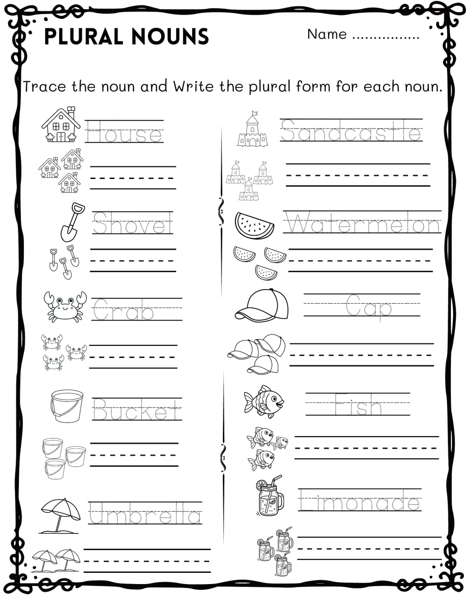 Plural nouns: students trace 10 summer nouns like house, crab, fish and umbrella, then write each plural form