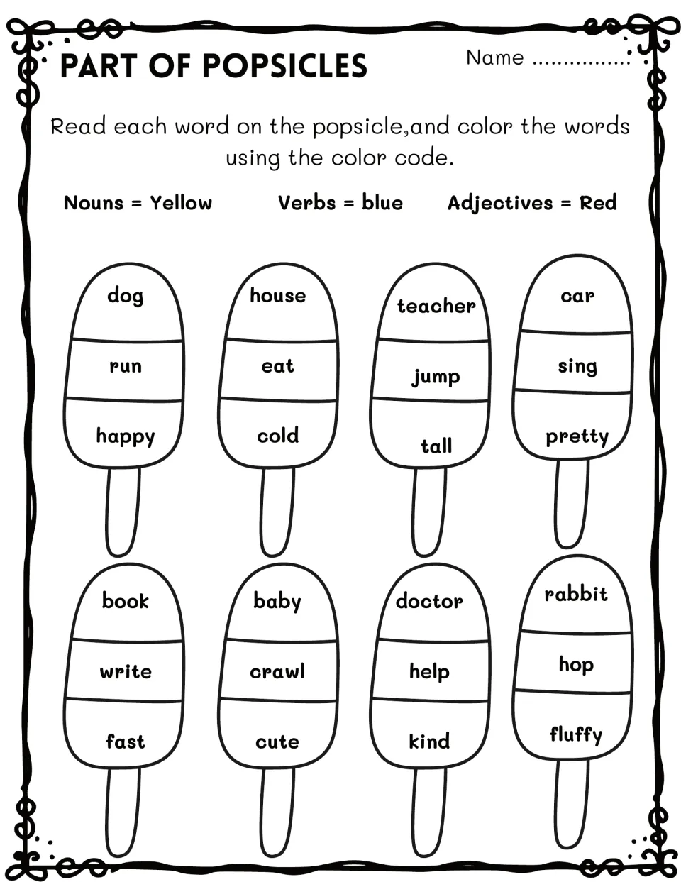 Parts of speech popsicles: students color nouns yellow, verbs blue and adjectives red, sorting words like dog, run, happy