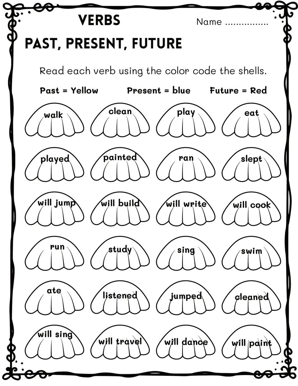 Verb tenses on seashells: students color past verbs yellow, present blue, future red for words like walk, slept, will jump