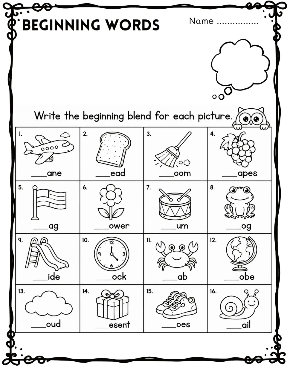 Beginning blends: students write the missing blend for 16 pictures such as plane, bread, broom, grapes, flag and drum
