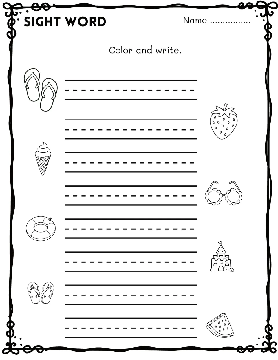 Sight word practice: students color summer pictures like flip-flops, ice cream and a sandcastle, then write a word for each