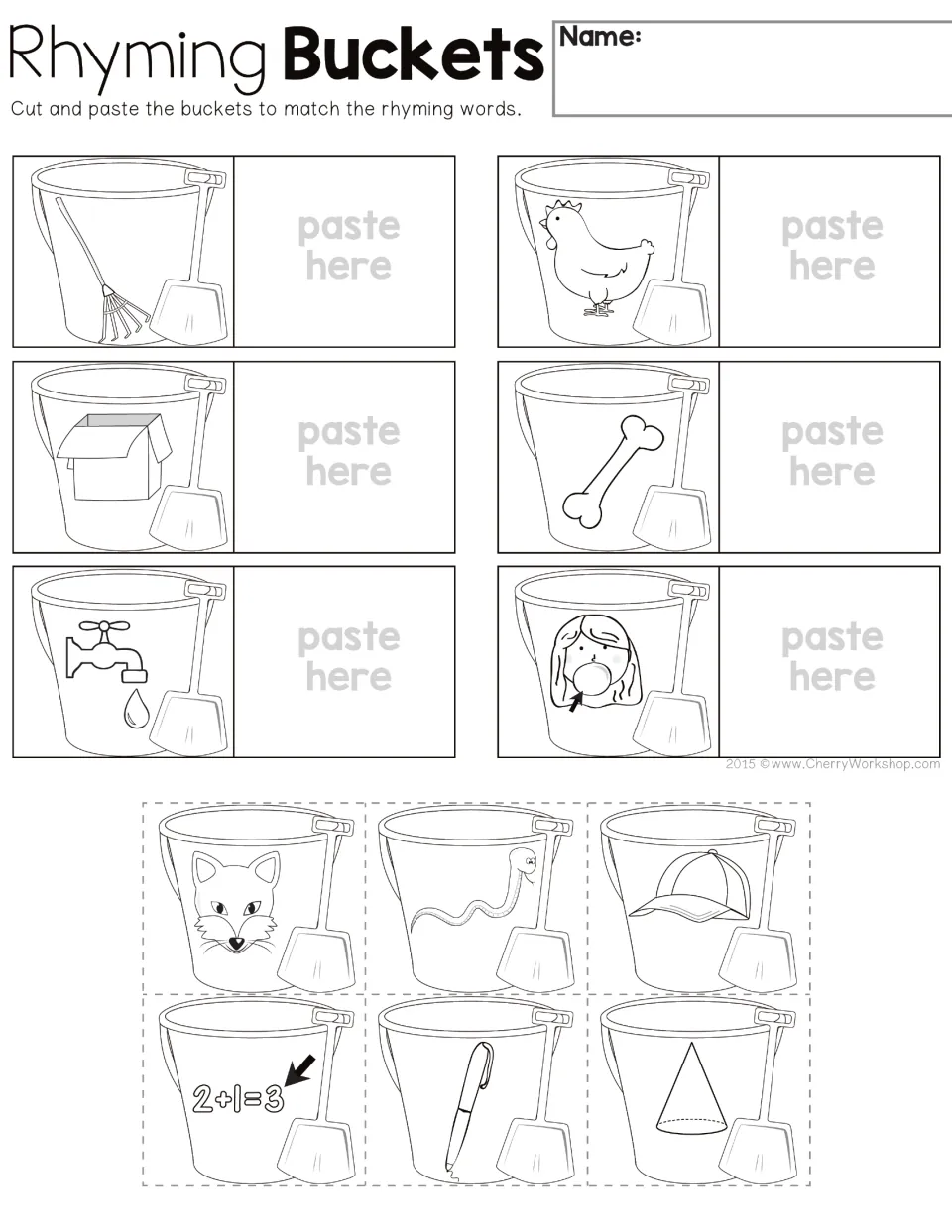 Picture-only rhyming activity: match rake/snake, hen/pen, box/fox, bone/cone, tap/cap, and gum/sum.