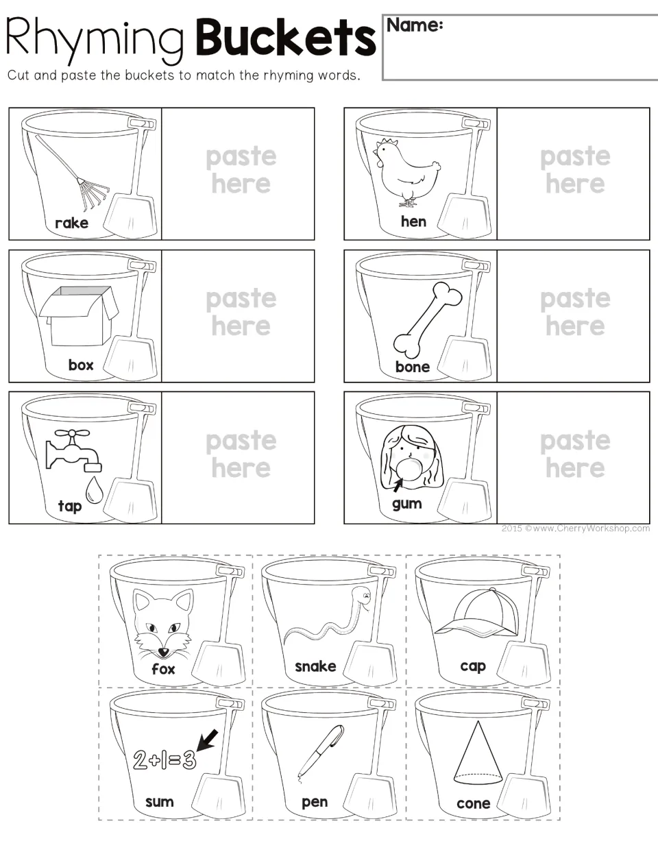 Labeled rhyming activity: cut and paste snake, pen, fox, cone, cap, and sum beside their rhyming words.