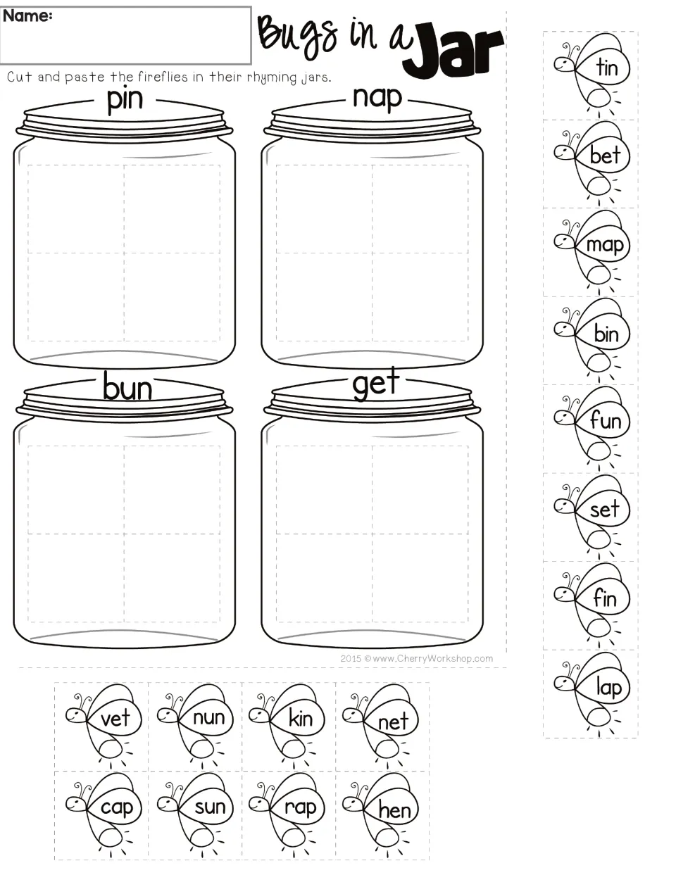 Rhyming cut-and-paste worksheet: sort 16 firefly words into the jars labeled pin, nap, bun, and get.