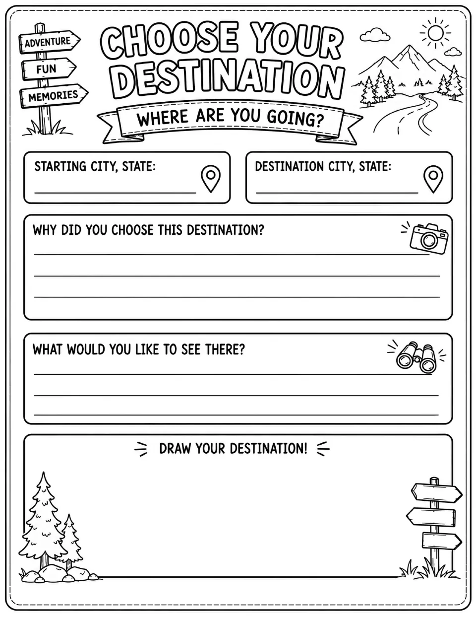 Destination planning activity asks for starting and destination cities, reasons to visit, and a drawing