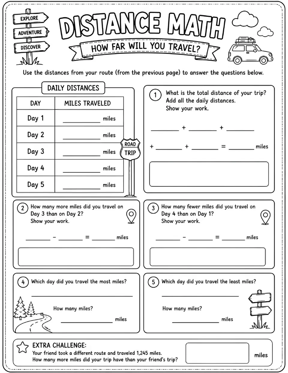 Distance math activity totals five daily distances, compares travel days, and adds a 1,245-mile challenge