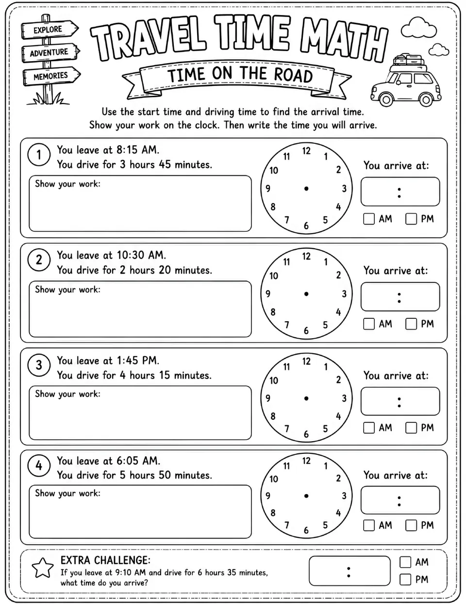 Travel time math activity has four arrival-time problems with clocks and a 6-hour, 35-minute challenge