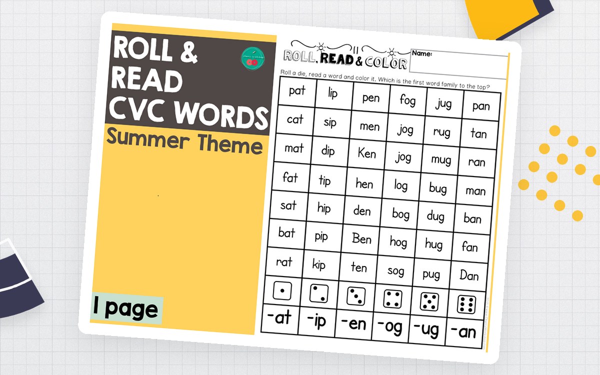 Summer Roll & Read CVC Words preview: A one-page six-column CVC word game