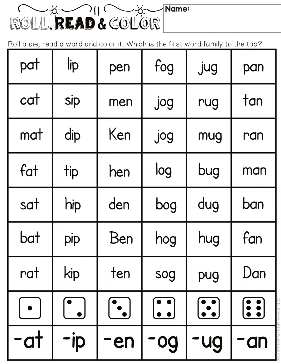Roll, Read & Color CVC word families: students roll a die and read and color -at, -ip, -en, -og, -ug or -an words