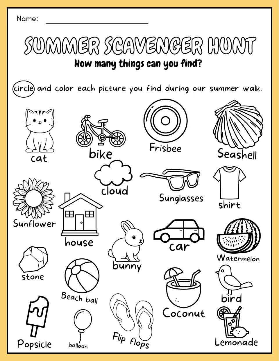 Picture hunt: students circle and color each of 20 labeled items they spot on a summer walk, like cat, bike and seashell