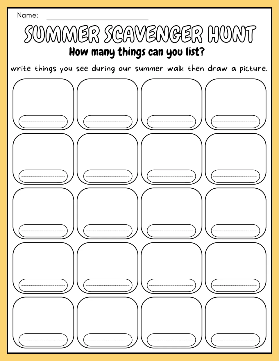 Write and draw hunt: students write the name of each thing they see on a summer walk and draw it, with room for 20 finds