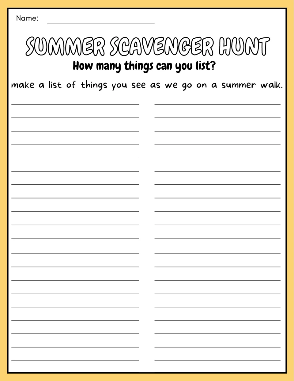 Summer walk list: students write a list of everything they notice on the walk, answering How many things can you list?