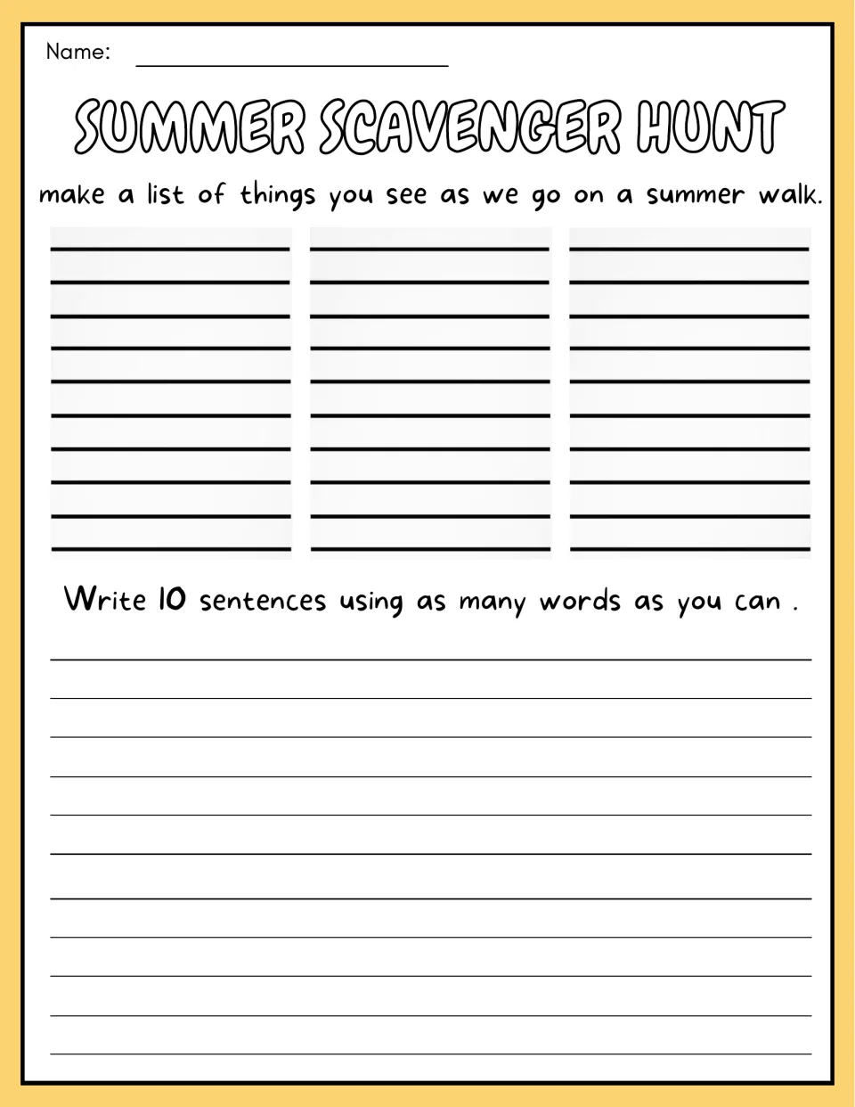 Summer walk writing: students list things seen on the walk, then write 10 sentences using as many list words as they can
