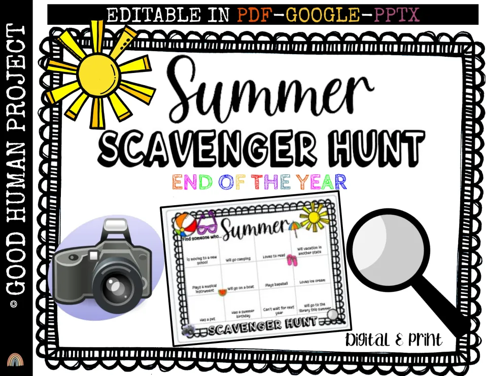 Summer scavenger hunt cover for the end of the year, editable in PDF, Google and PPTX, with a Find someone who preview