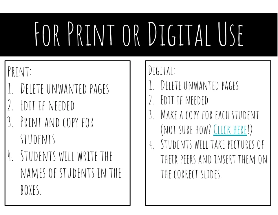 Print or digital use directions: delete unwanted pages, edit, then students write names or insert peer photos