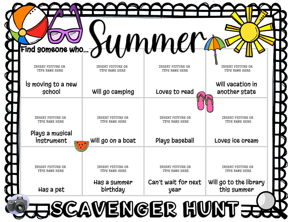 Digital find someone who slide: students insert a peer's photo or type a name above each of 12 summer prompts