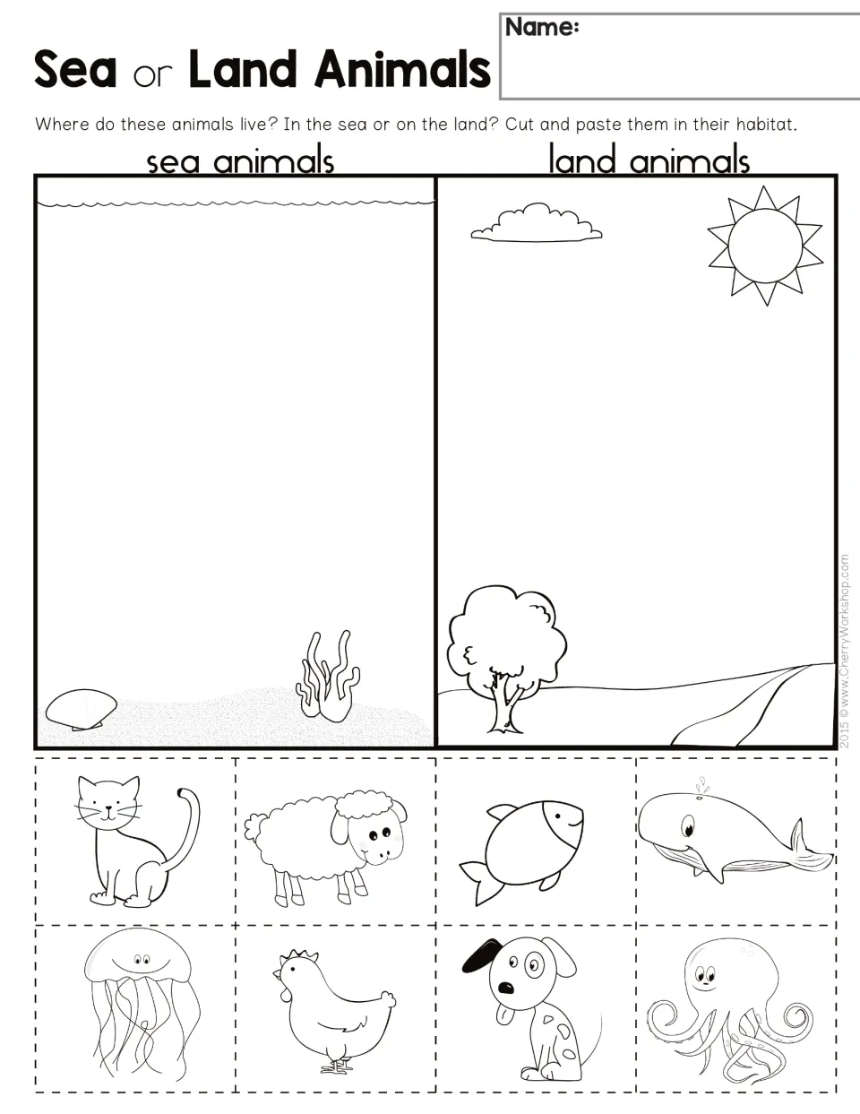 Sea or land animals sort: students cut out 8 animals, like a cat, whale and octopus, and paste each in its habitat
