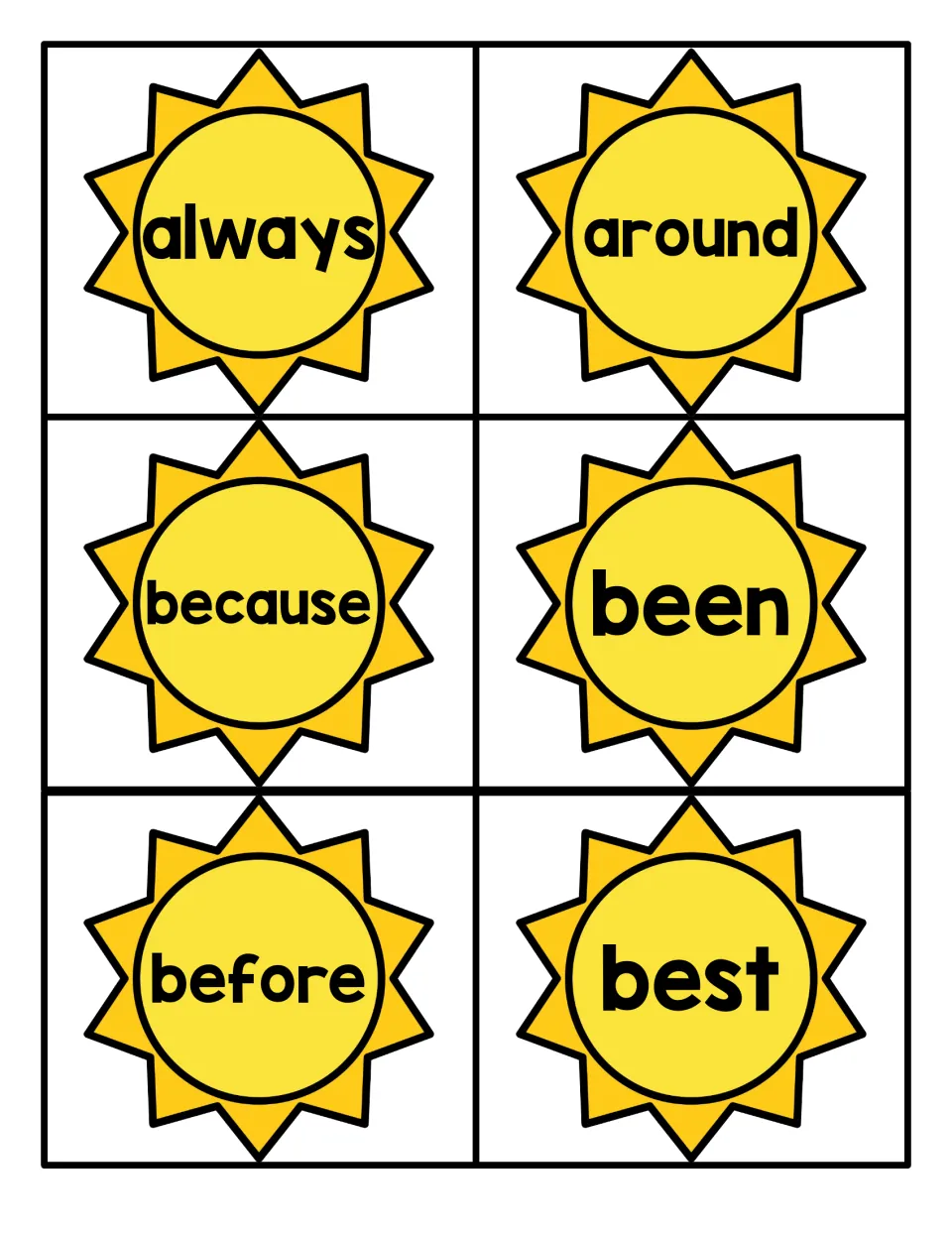 Sight word sun cards: six yellow suns to cut apart and read, showing always, around, because, been, before and best