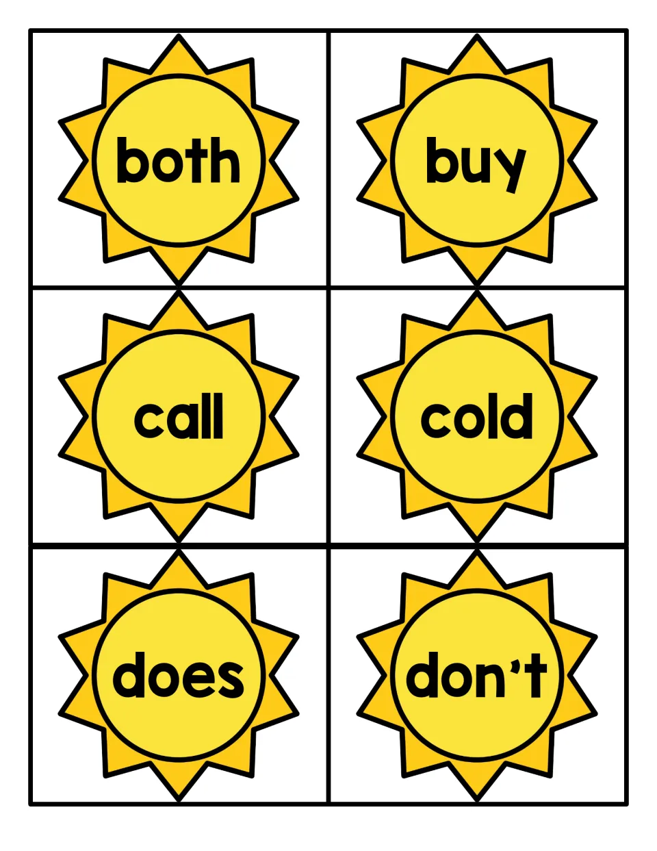 Sight word suns for both, buy, call, cold, does and don't, six cards for students to read and practise word recognition