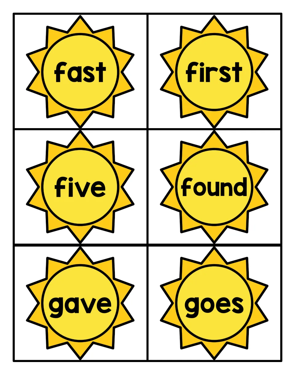 Sun-shaped flashcards with the sight words fast, first, five, found, gave and goes for quick reading and recall practice