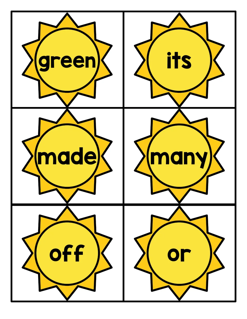 Summer sun word cards for green, its, made, many, off and or: students read each high-frequency word on sight