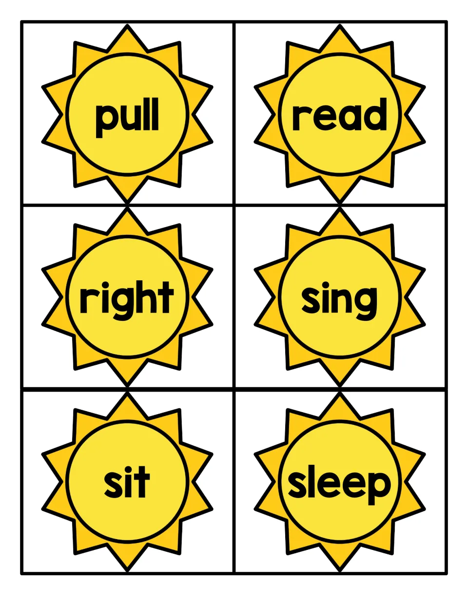 Sun flashcards showing pull, read, right, sing, sit and sleep, six sight words for students to cut out and read fluently