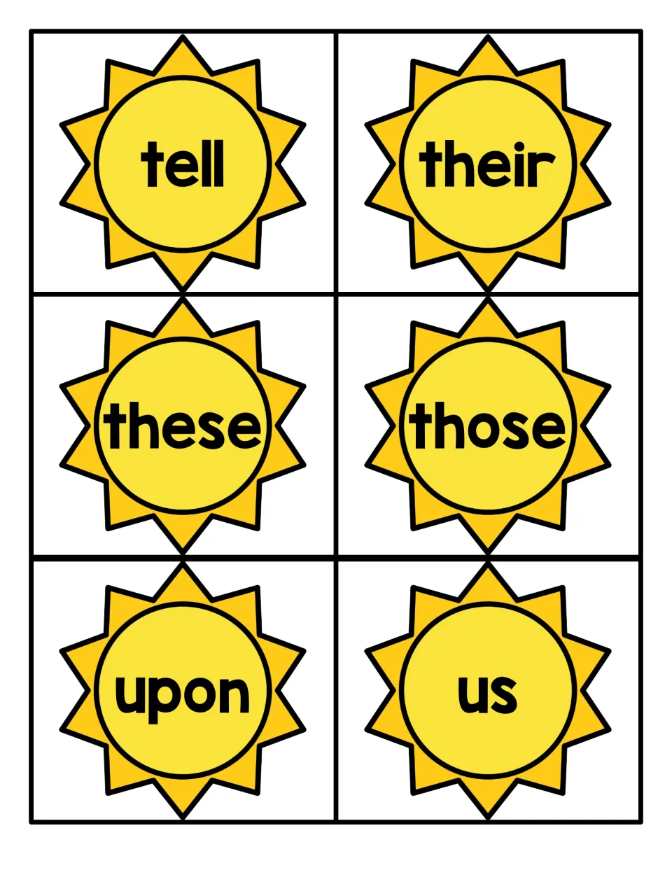 Sight word suns with tell, their, these, those, upon and us for students to practise reading quickly by sight