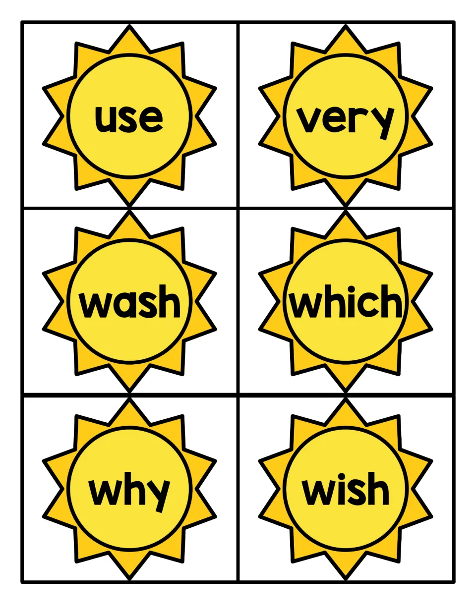 Yellow sun cards printed with use, very, wash, which, why and wish so students can practise reading high-frequency words