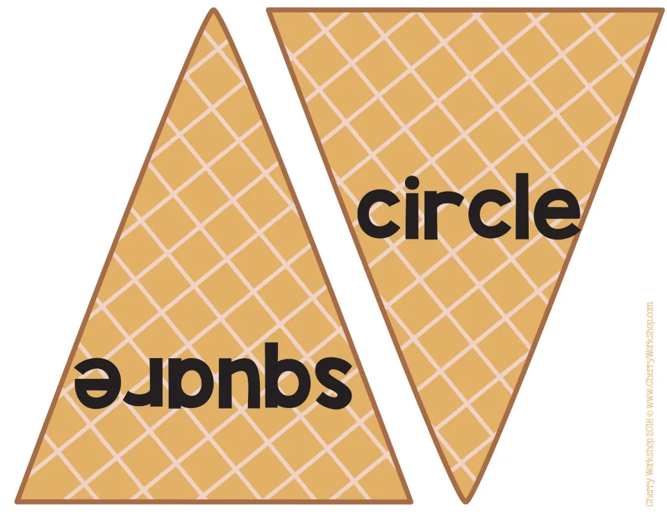 Shape word cones: two waffle cone cut-outs labeled square and circle, for matching each shape name to its ice cream scoop
