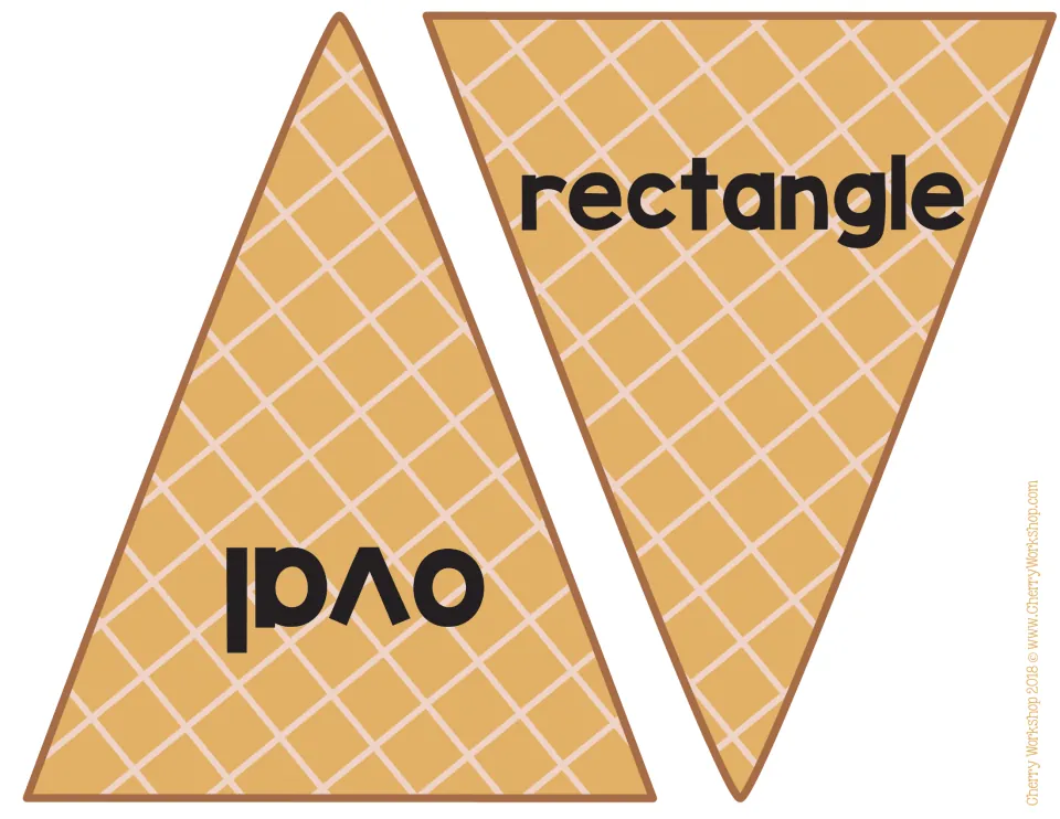 Shape word cones: waffle cone cut-outs labeled rectangle and oval, read and paired with the matching shape scoop
