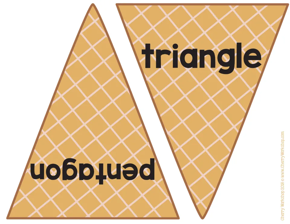 Shape word cones: waffle cone cut-outs labeled triangle and pentagon for students to match to scoops by shape name