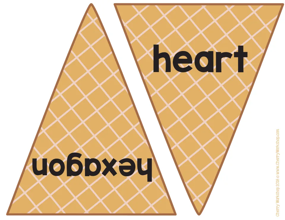 Shape word cones: waffle cone cut-outs labeled heart and hexagon, used to pair each written shape name with a scoop