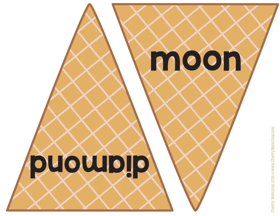 Shape word cones: waffle cone cut-outs labeled moon and diamond, matched by students to the scoop showing that shape