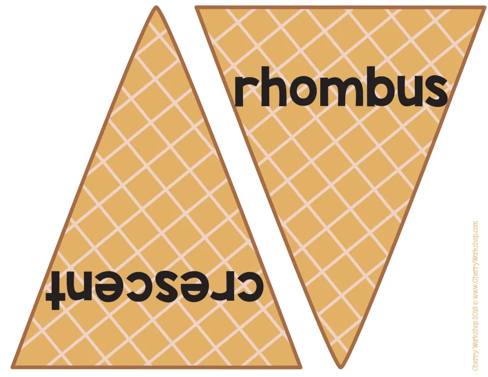 Shape word cones: waffle cone cut-outs labeled rhombus and crescent, for reading shape names and finding matching scoops