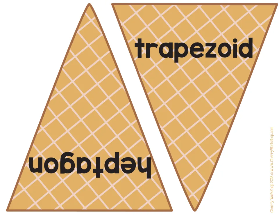 Shape word cones: waffle cone cut-outs labeled trapezoid and heptagon, paired with scoops by identifying each shape