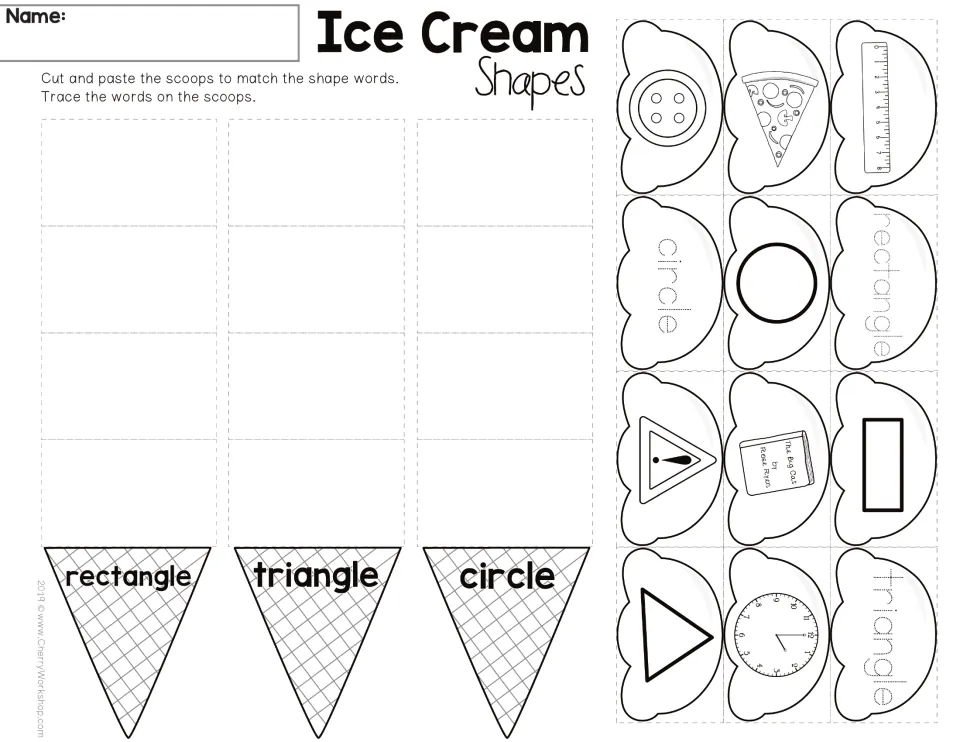 Ice Cream Shapes sort: students cut out scoops and paste them on rectangle, triangle and circle cones, tracing shape words